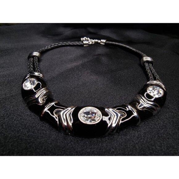 Vintage Nolan Miller Black Braided Double Strand Necklace With Rhinestone Accent - Picture 5 of 6